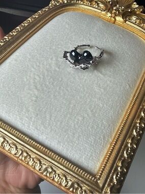 Silver-Tone Adjustable Ring with Black Heart Accent - Women's Jewelry